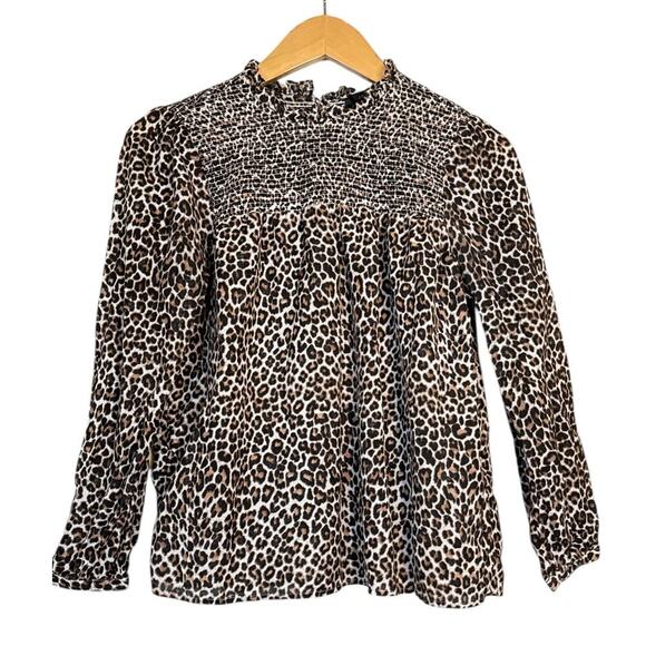 J. Crew Women Leopard Print Smocked Button Back Top Sz S Black Brown Lightweight - Picture 1 of 8